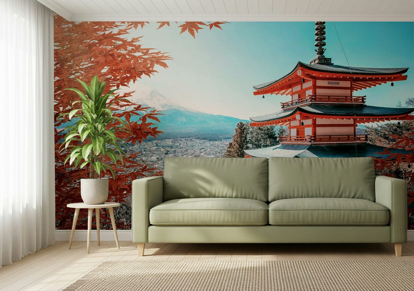 Fuji landscape wallpaper in entryway, fall leaves and mountain view behind console