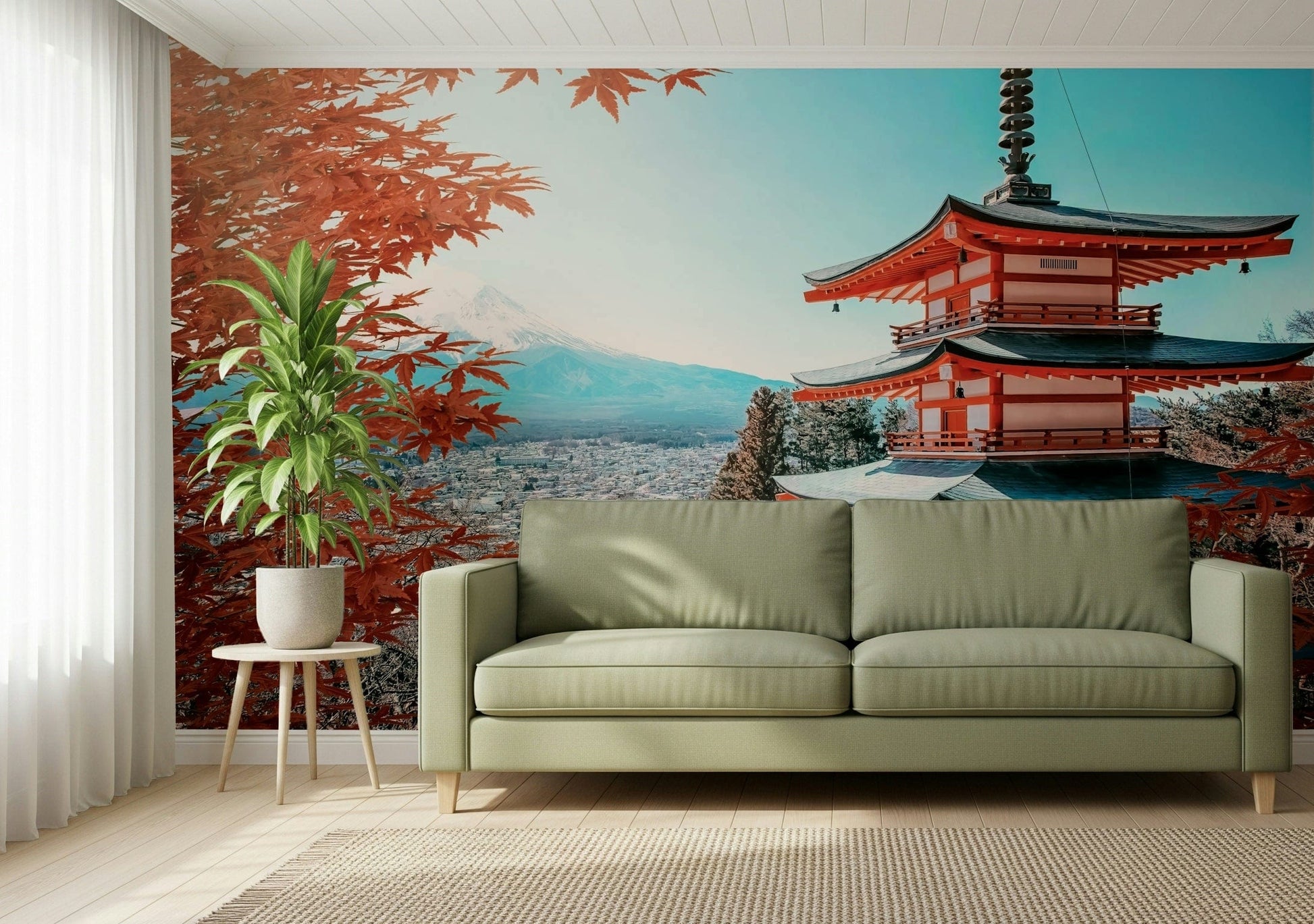 Fuji landscape wallpaper in entryway, fall leaves and mountain view behind console