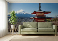 Scenic mountain wall mural Fuji Vista with red pagoda.