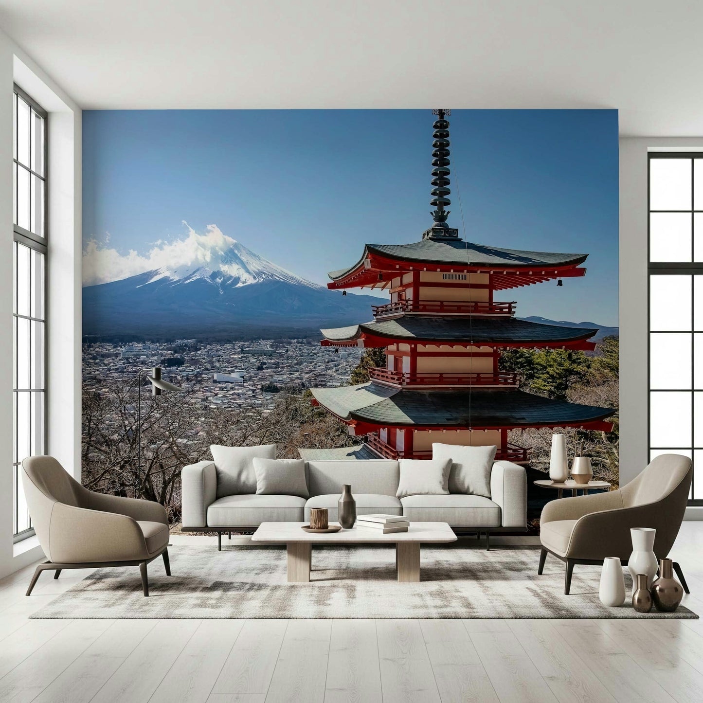 Fuji Vista peel and stick wallpaper showcasing historic architecture.