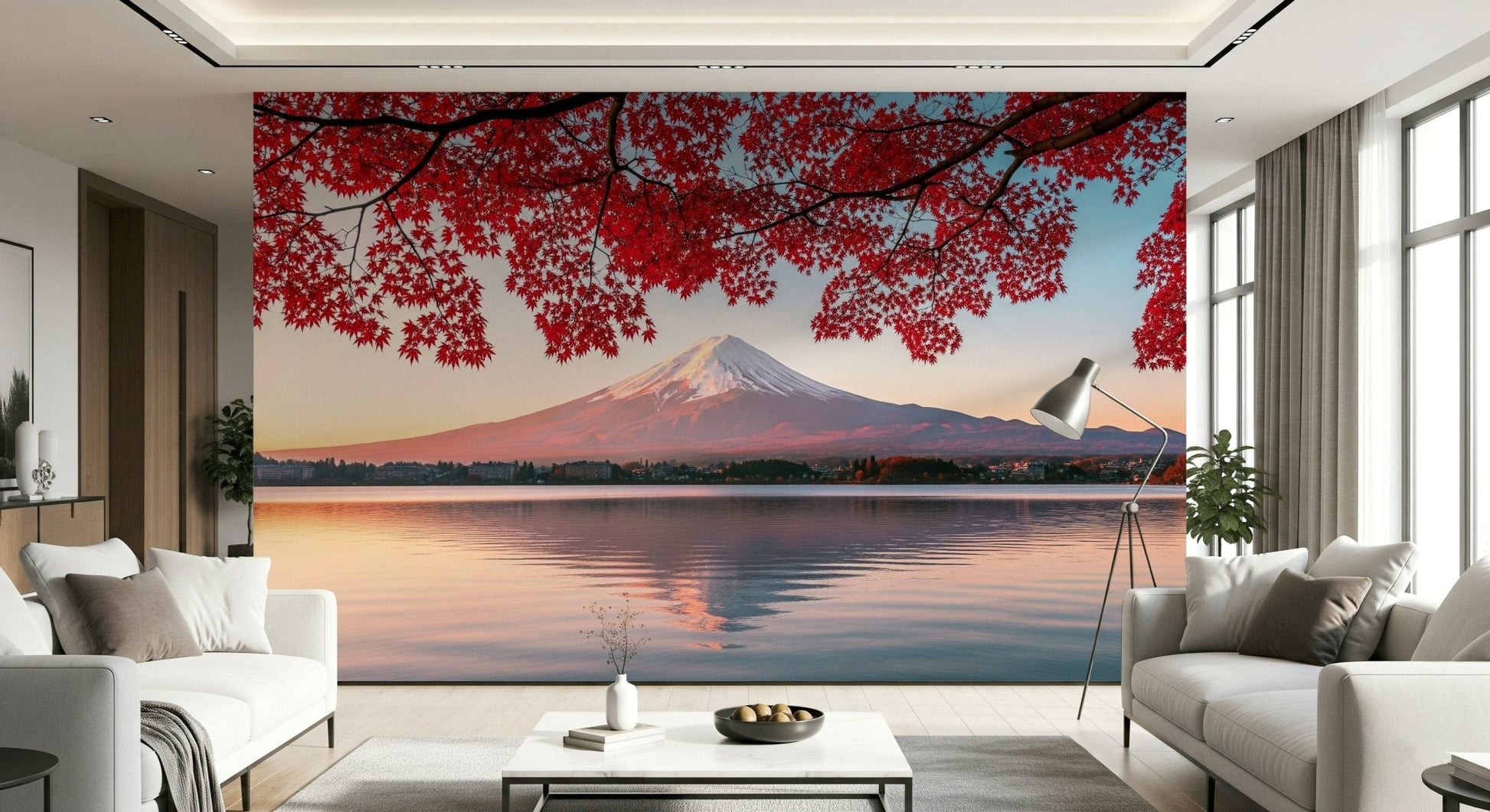 Ocean-sky ombré mural in bedroom, calming blue tones above white headboard