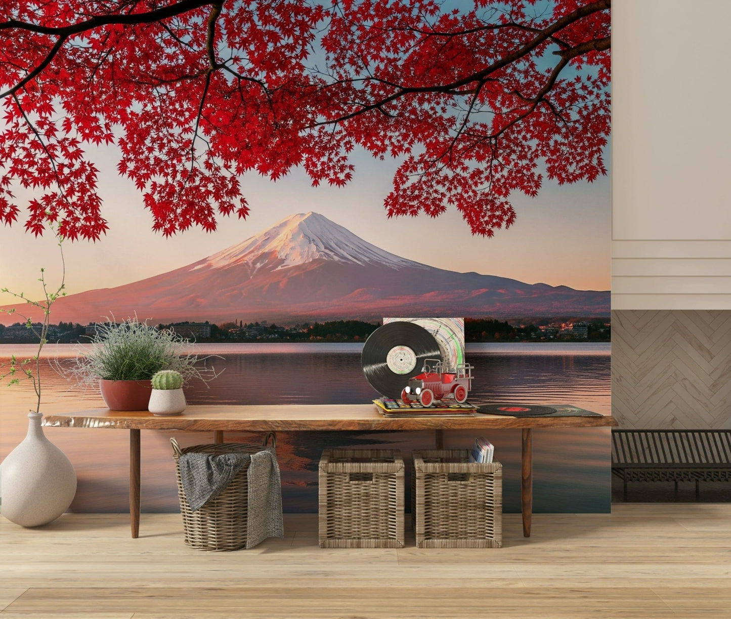 Serene blue horizon wallpaper on entryway feature wall with wood console
