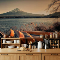 Tranquil lakeside wallpaper mural for reading nook, minimalist decor, soft color