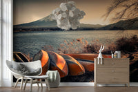 Serene Mount Fuji lake mural in modern living room, blue tones, feature wall