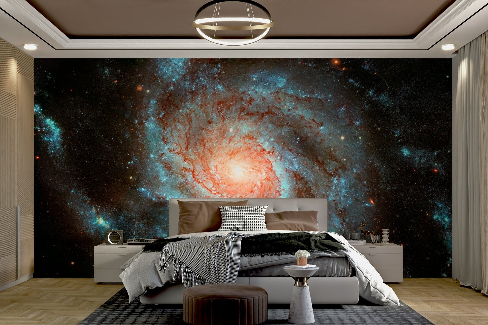 The mural is installed in a modern, eclectic living room.

