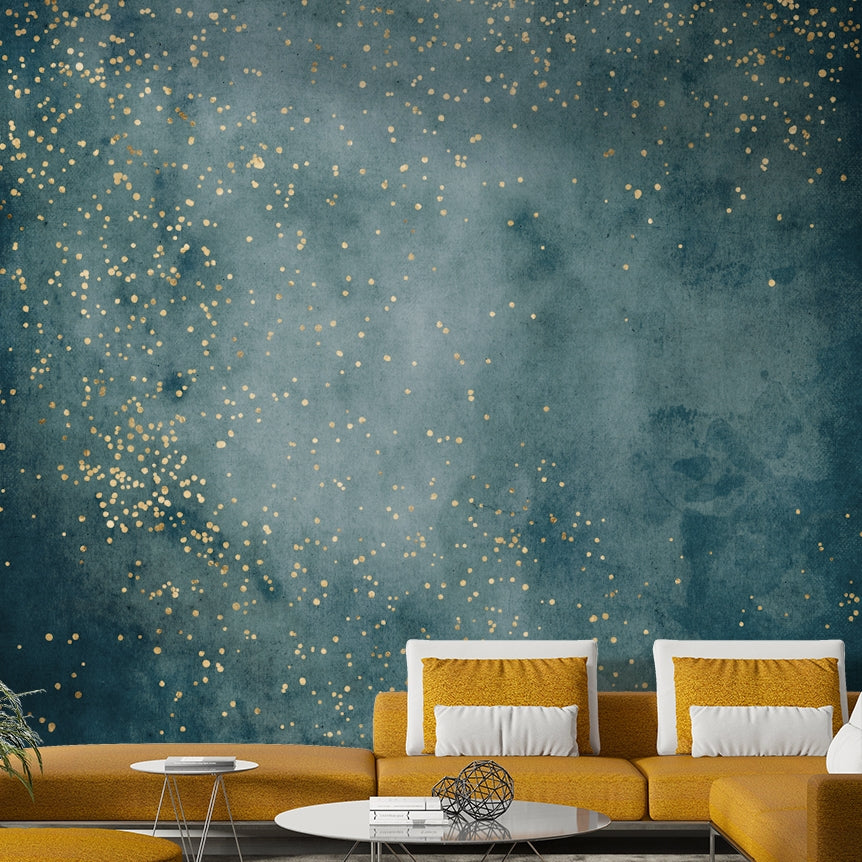 Soft sea blue tones and stardust in a celestial wall mural.

