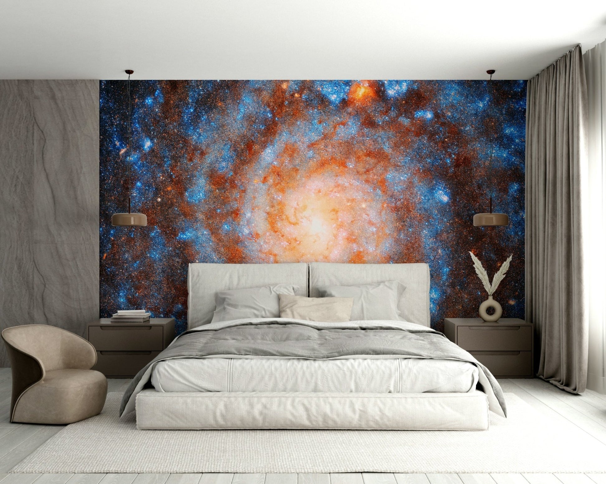 A wall mural of a cosmic landscape.

