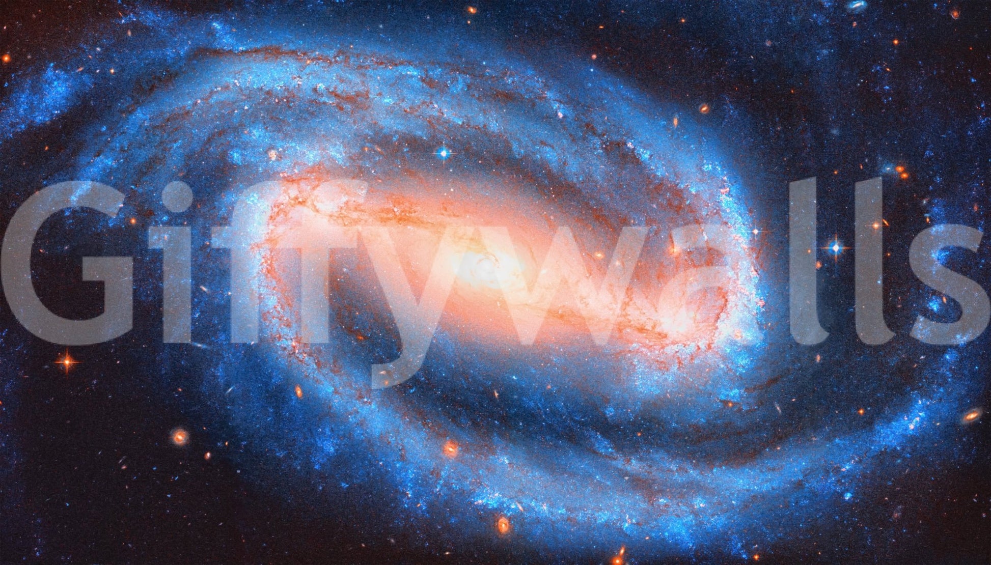 Galaxy Dream wallpaper mural shown as a full-wall scene of a blue spiral galaxy with a glowing orange core