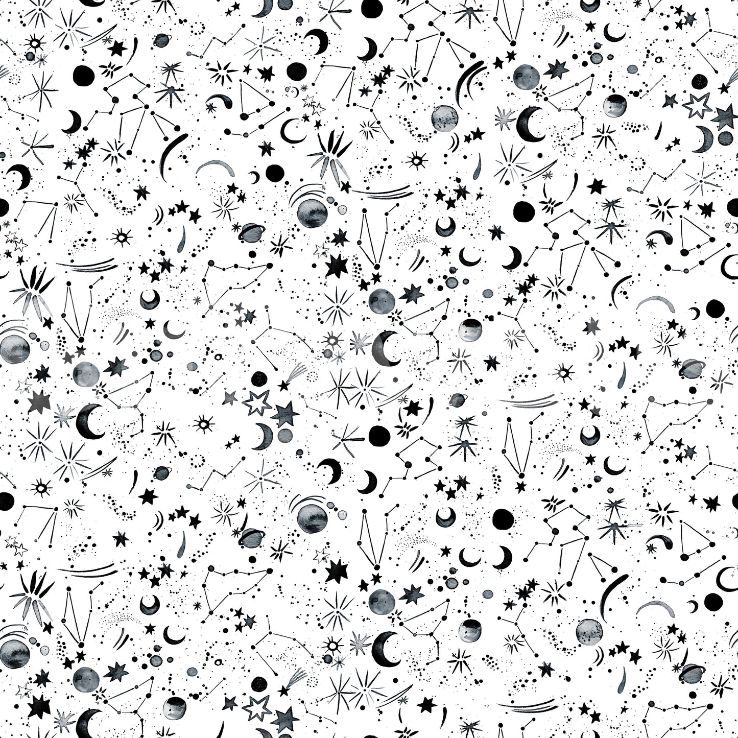 Astronomy Space Galaxy wallpaper shown as a swatch of black-and-white stars, moons and constellations on white