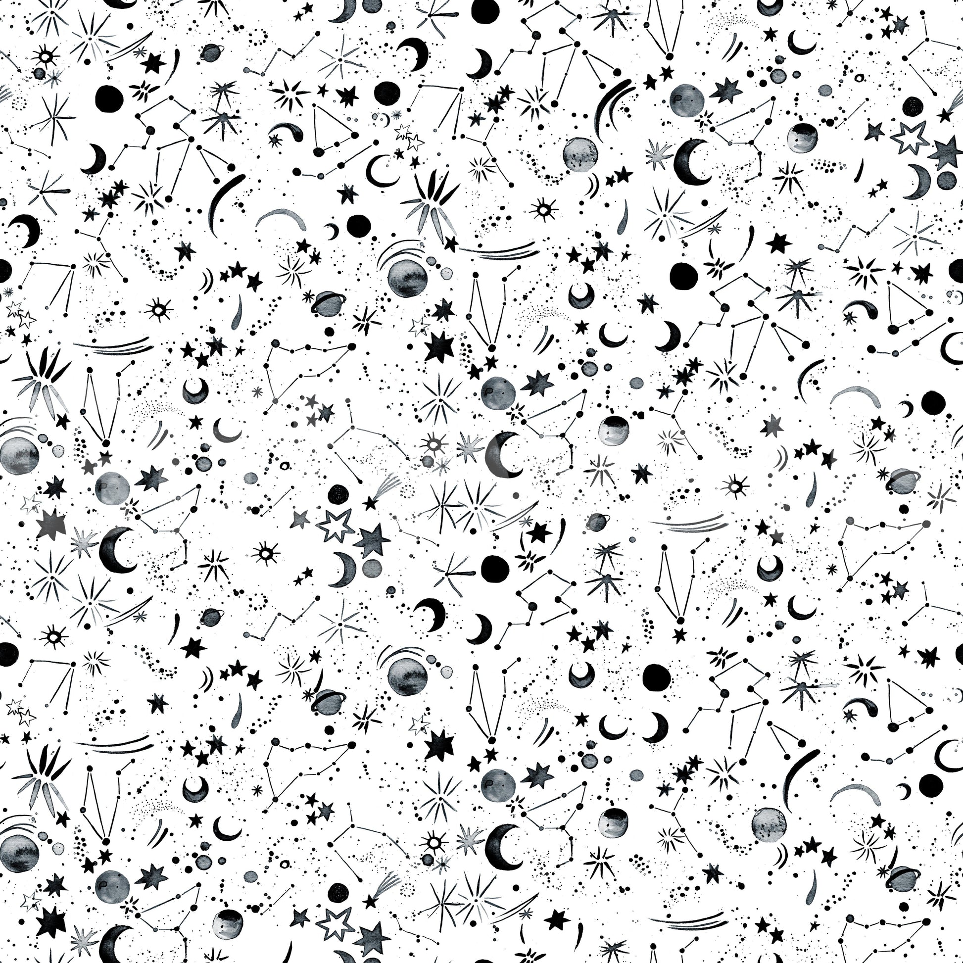 Astronomy Space Galaxy wallpaper shown as a swatch of black-and-white stars, moons and constellations on white