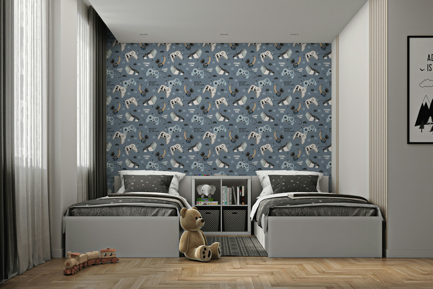 Game On text with blue backdrop art

