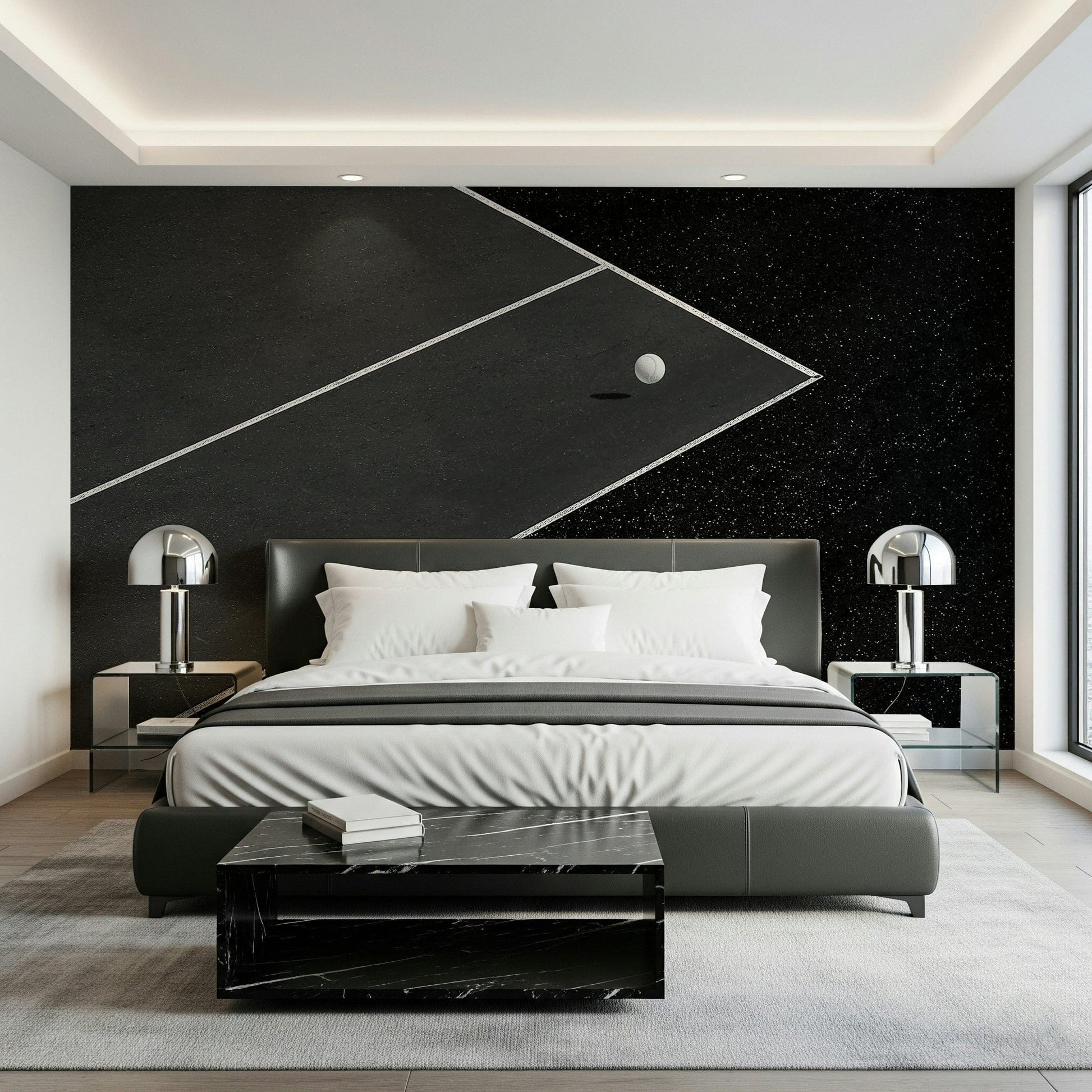 Modern playroom wall decor featuring a clean, geometric basketball court.