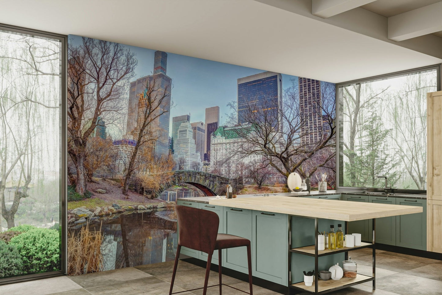 City skyline and bridge wall mural
