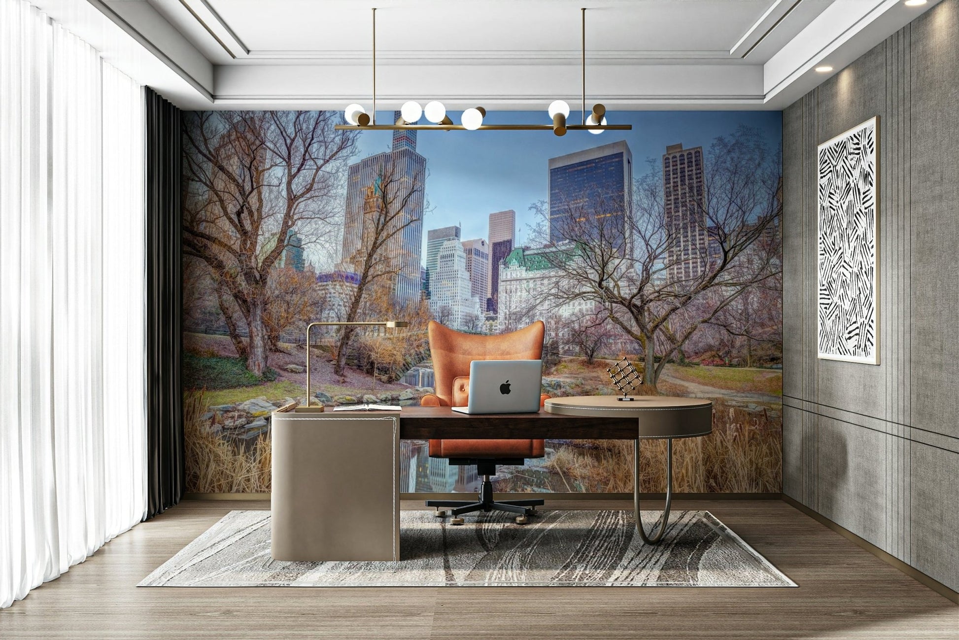 Bare trees and urban reflection wall
