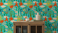 Garden bird wallpaper with vivid floral illustrations


