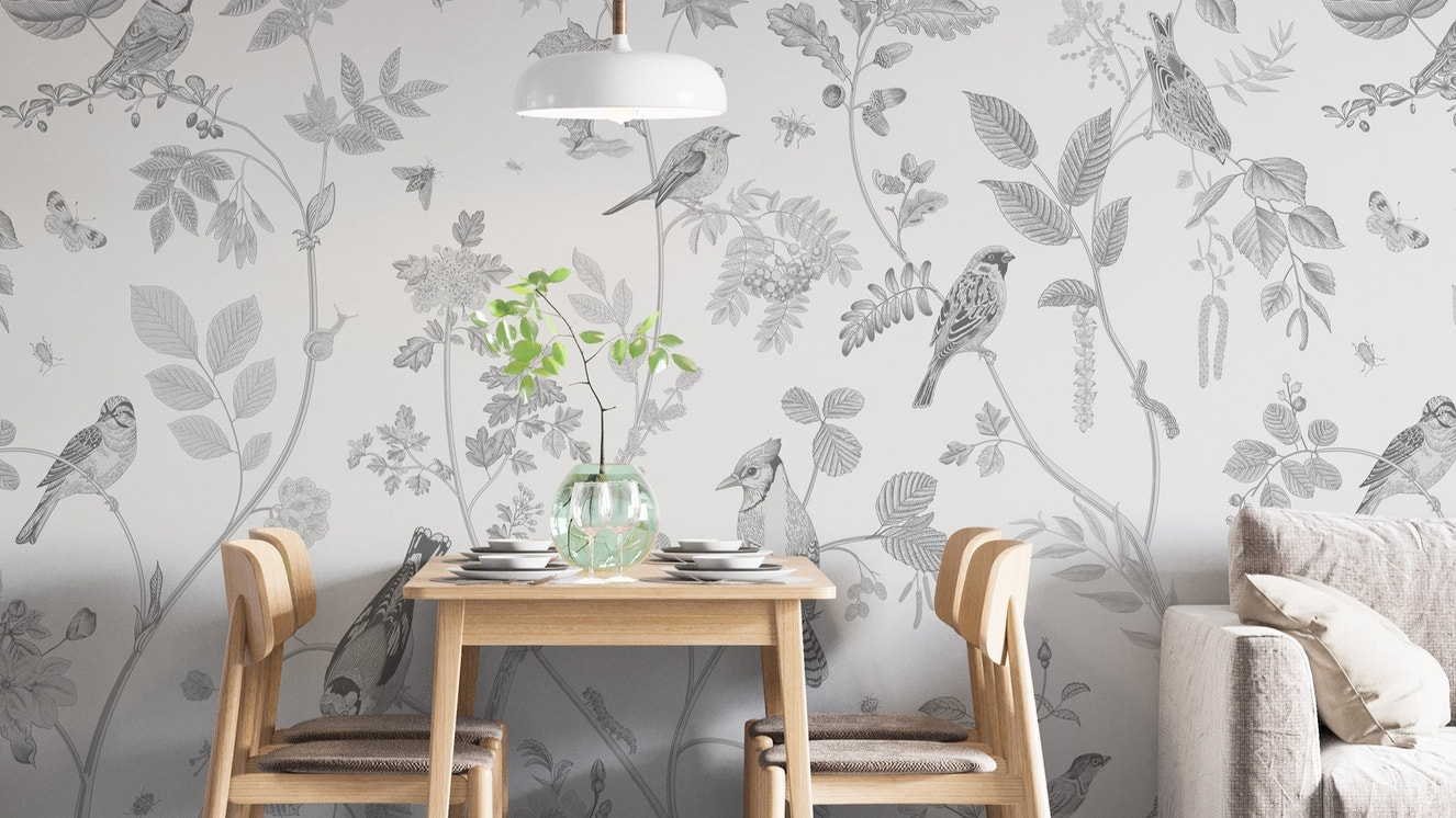 Elegant garden birds mural with gray tones