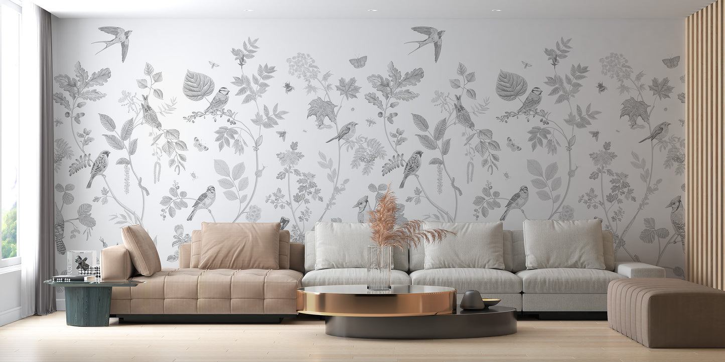 Garden bird wallpaper mural with intricate detailing