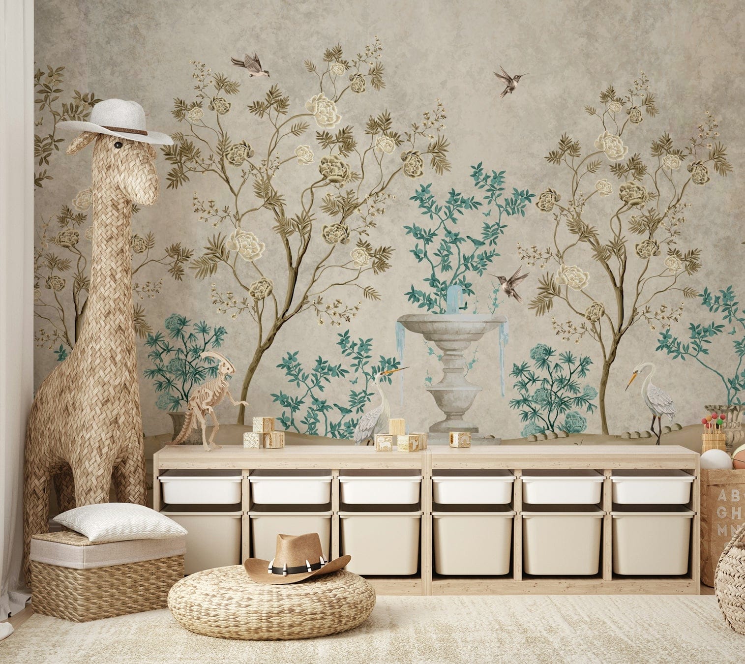 The colors are gentle and soft, with a pastel, light, and neutral palette.

