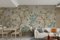 The design features a repeating pattern of soft, graceful flowers and plants.

