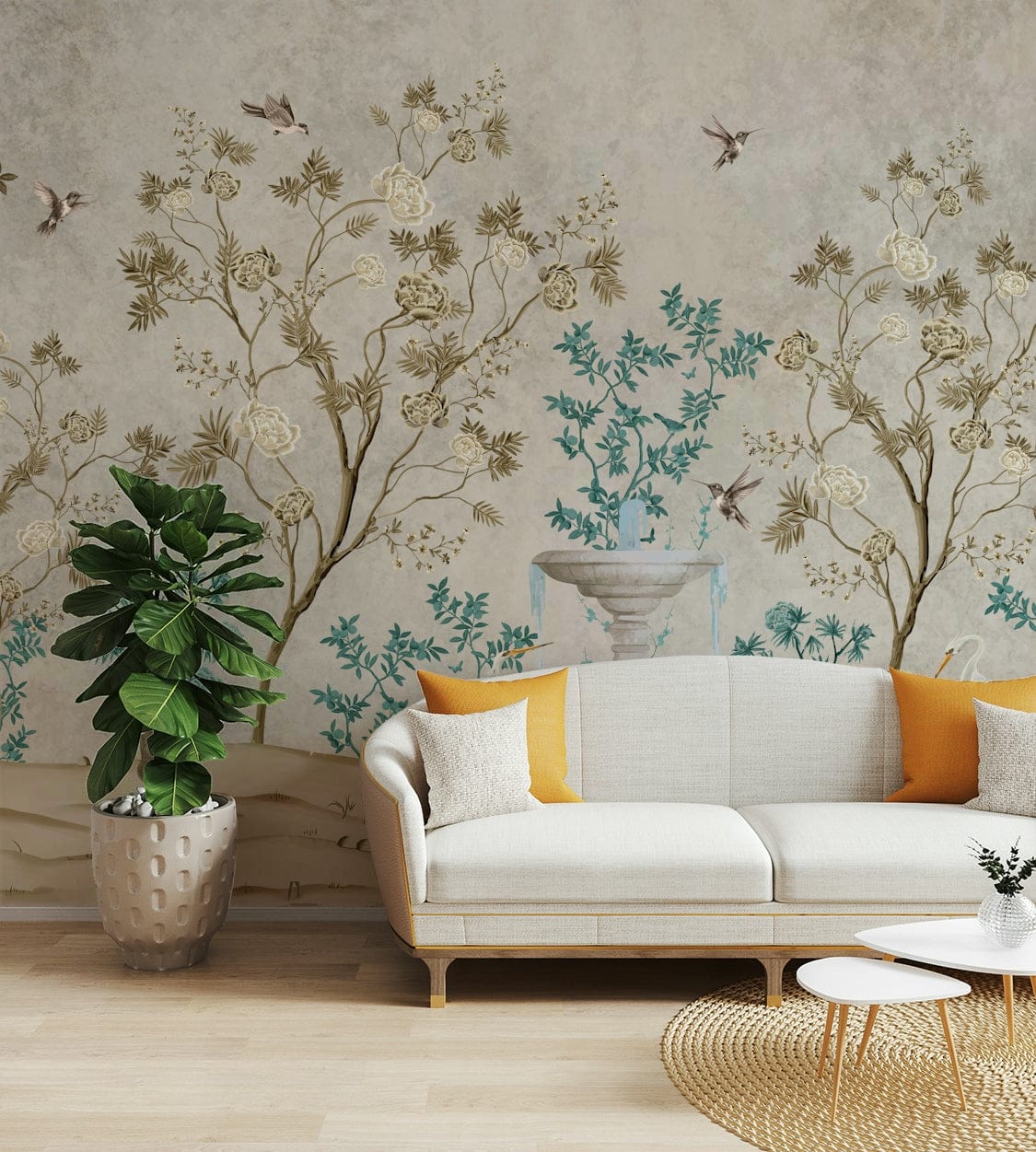 A peaceful wall mural with an organic, whimsical design.


