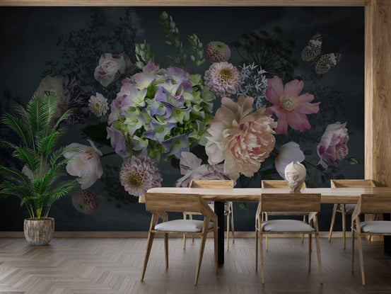 Bouquet Peonies Flower on Black Background wallpaper mural with hydrangea and blush peonies behind a wood dining table