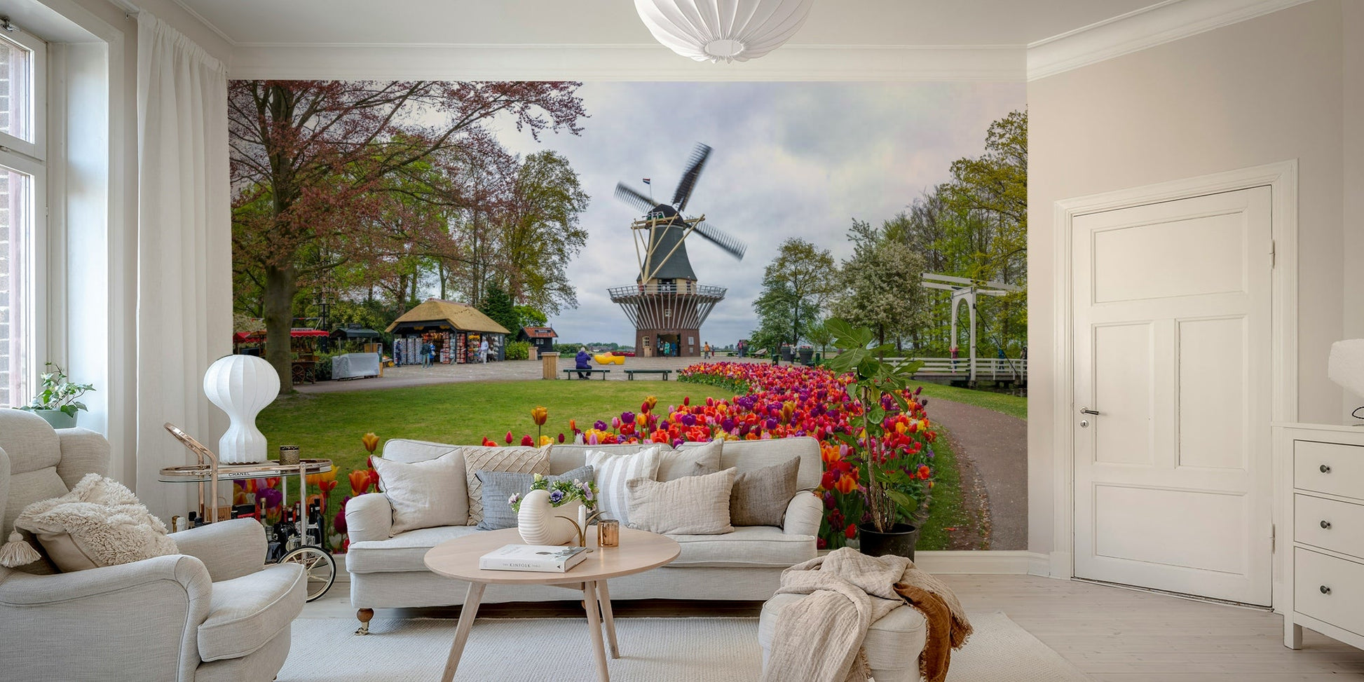 Nature wall mural with vibrant flowers and trees

