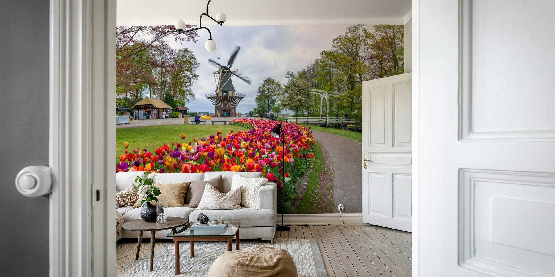 Colorful tulip garden mural with springtime path

