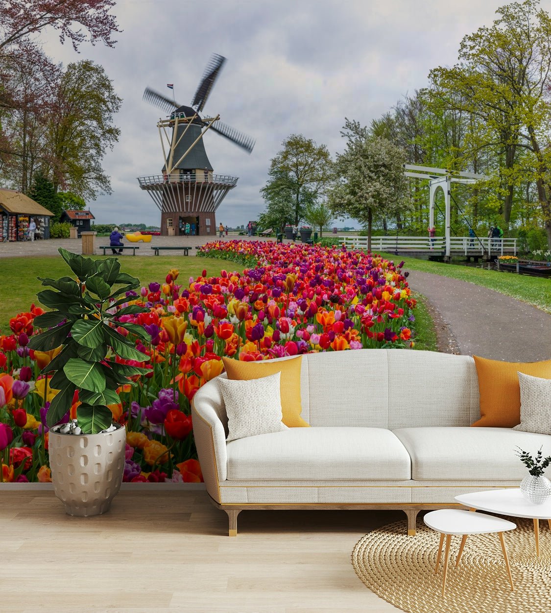 Springtime park mural with colorful flower beds

