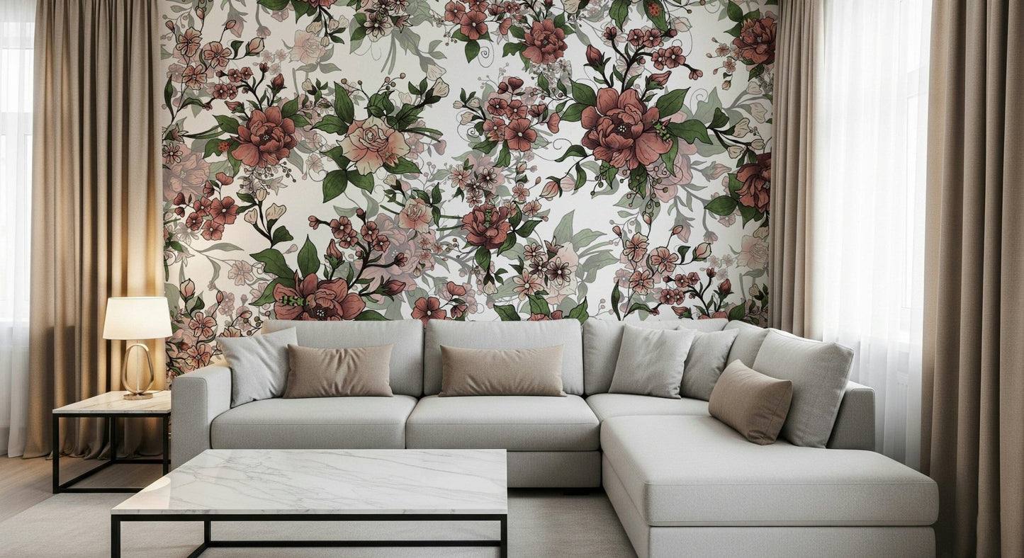 Beautiful blush blossoms wall mural Garden of flowers and beetles print.