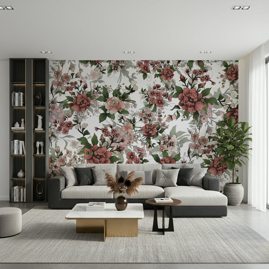 Moody dusty rose floral wallpaper Garden of flowers and beetles design.