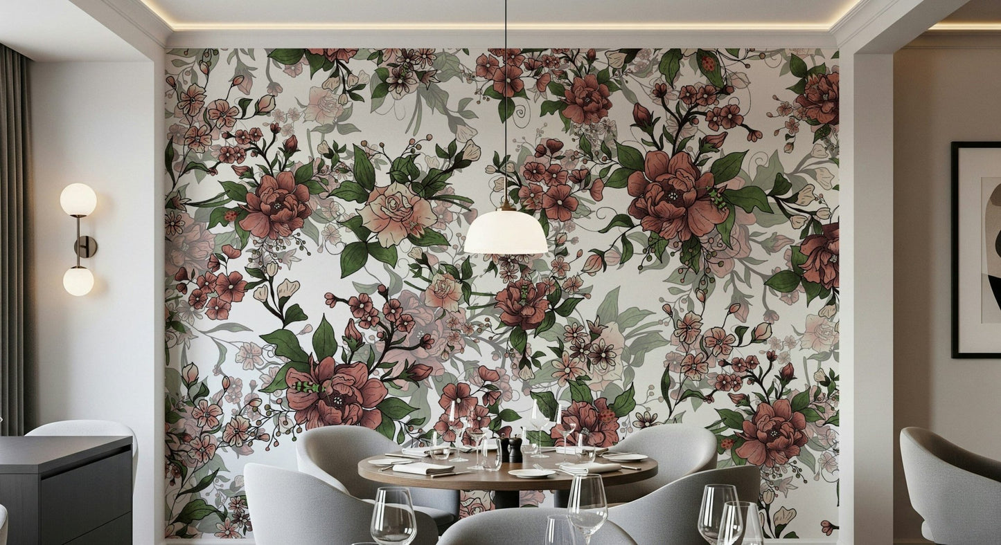 Garden of flowers and beetles floral wallpaper for walls vintage aesthetic.