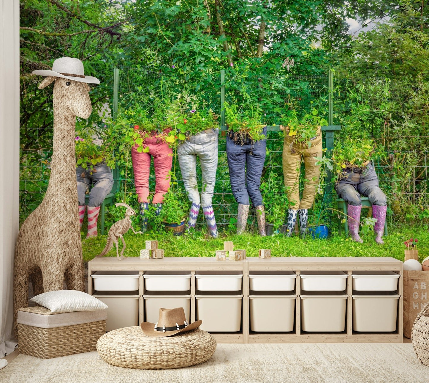 Lively garden pants mural with lush plant illustrations

