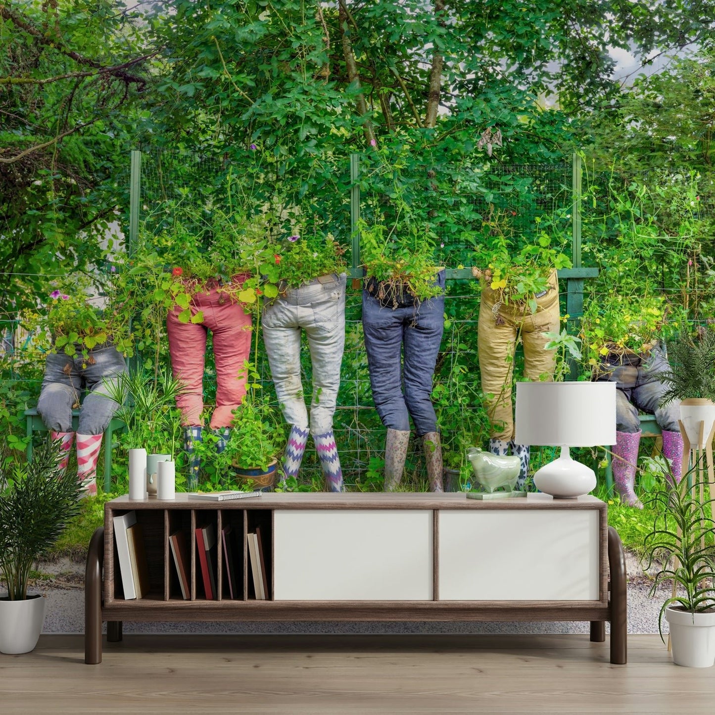 Garden pants wall mural with vibrant plant designs

