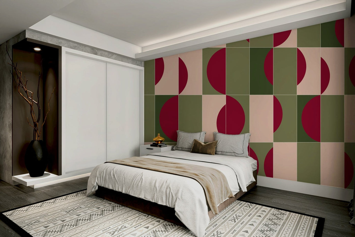 Semicircles in deep burgundy, muted green, and soft blush

