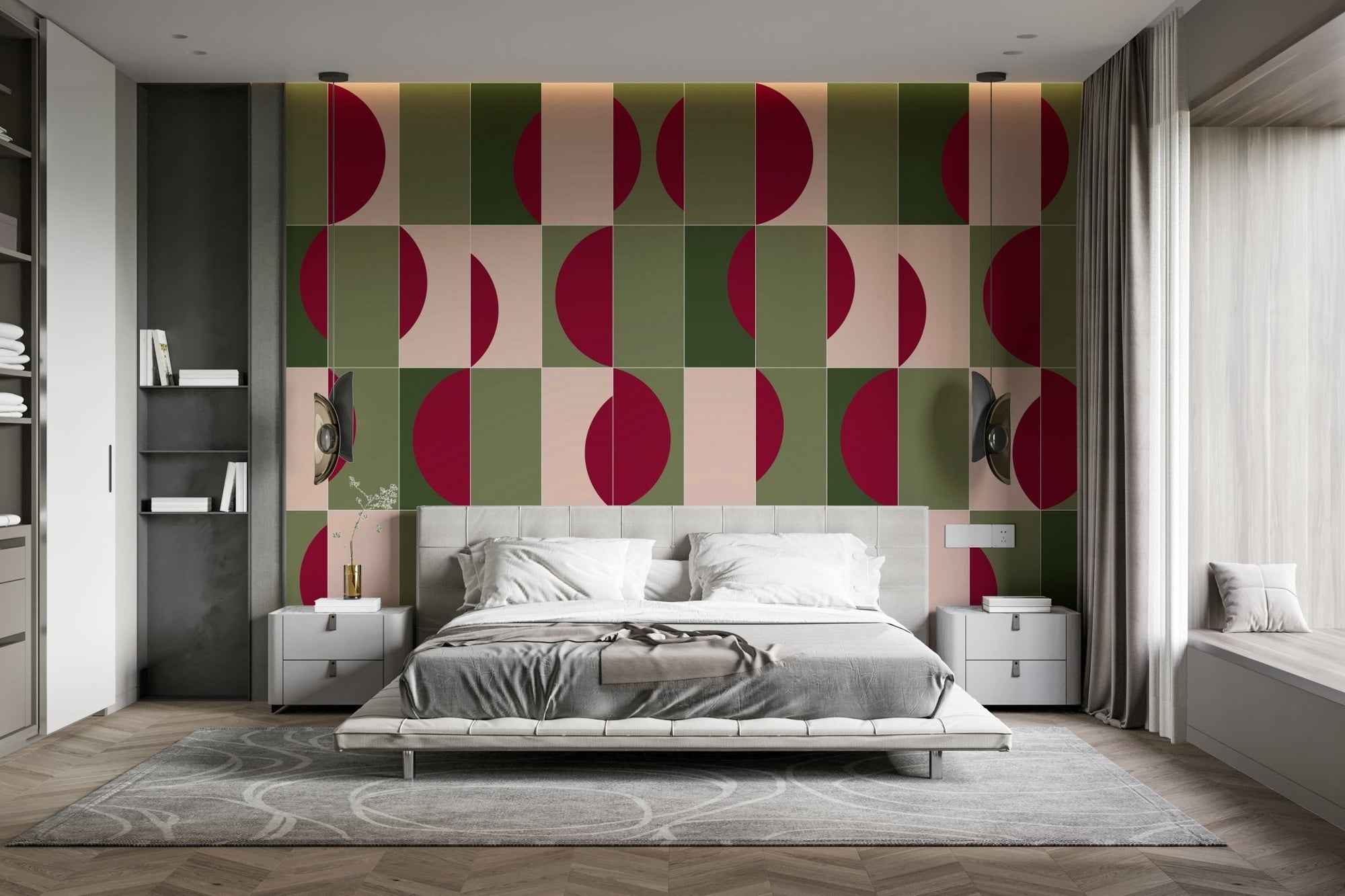 Garden Tiles 03 wallpaper mural in burgundy, olive and blush semicircles behind a platform bed in a modern bedroom