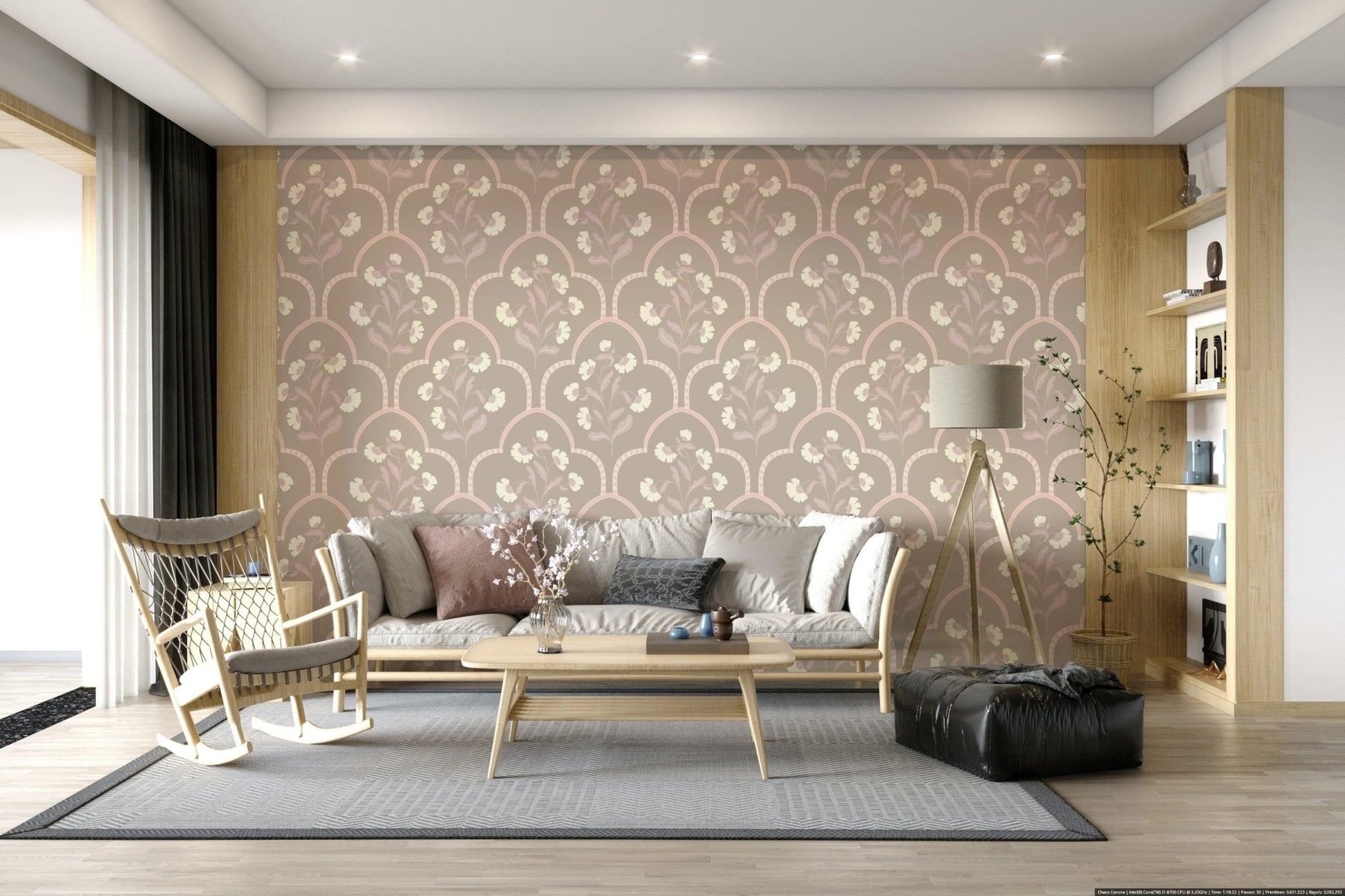 Vintage wallpaper, delicate flower stems, curved lines, pinkish taupe, Garden Trellis.