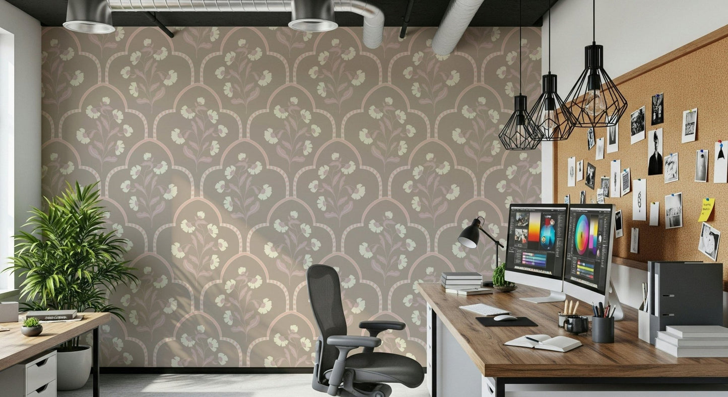 Garden Trellis botanical wallpaper, stylish arched frame, elegant look.
