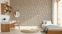 Scalloped wall mural, repeating blooms, soft color palette, charming, Garden Trellis.
