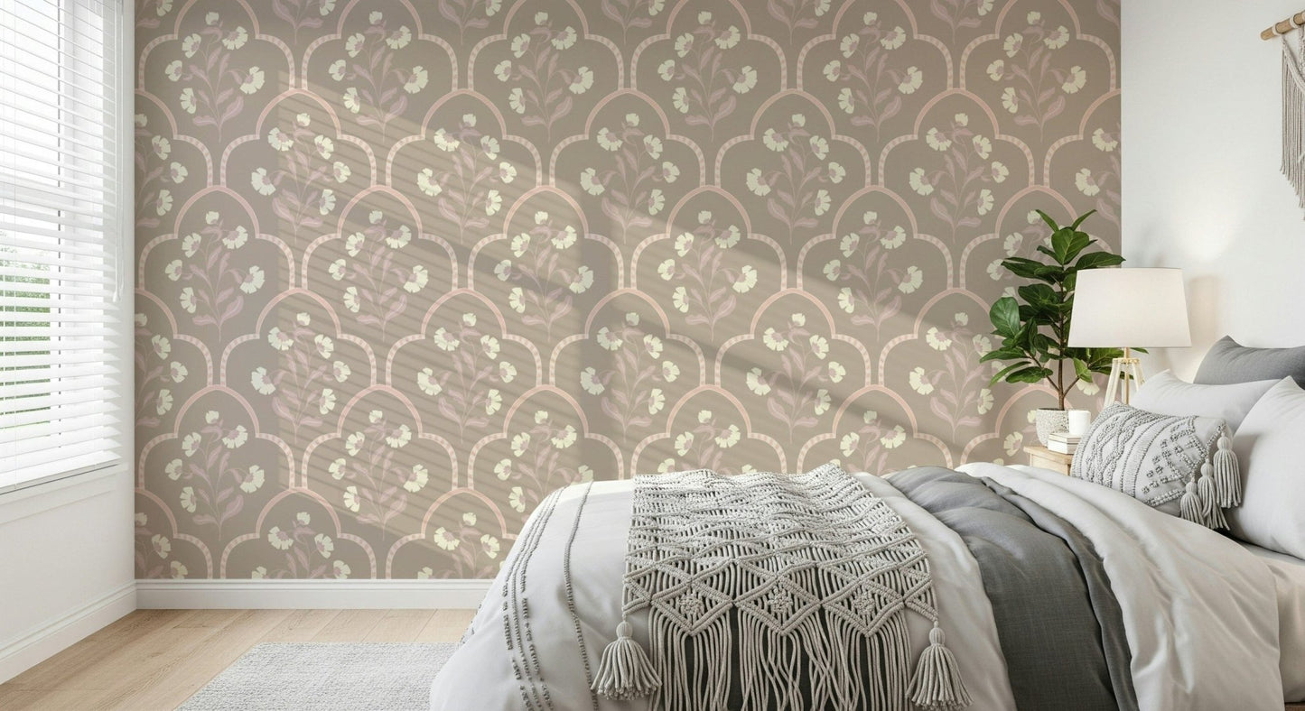 Symmetrical flower motif repeats on Garden Trellis mural.