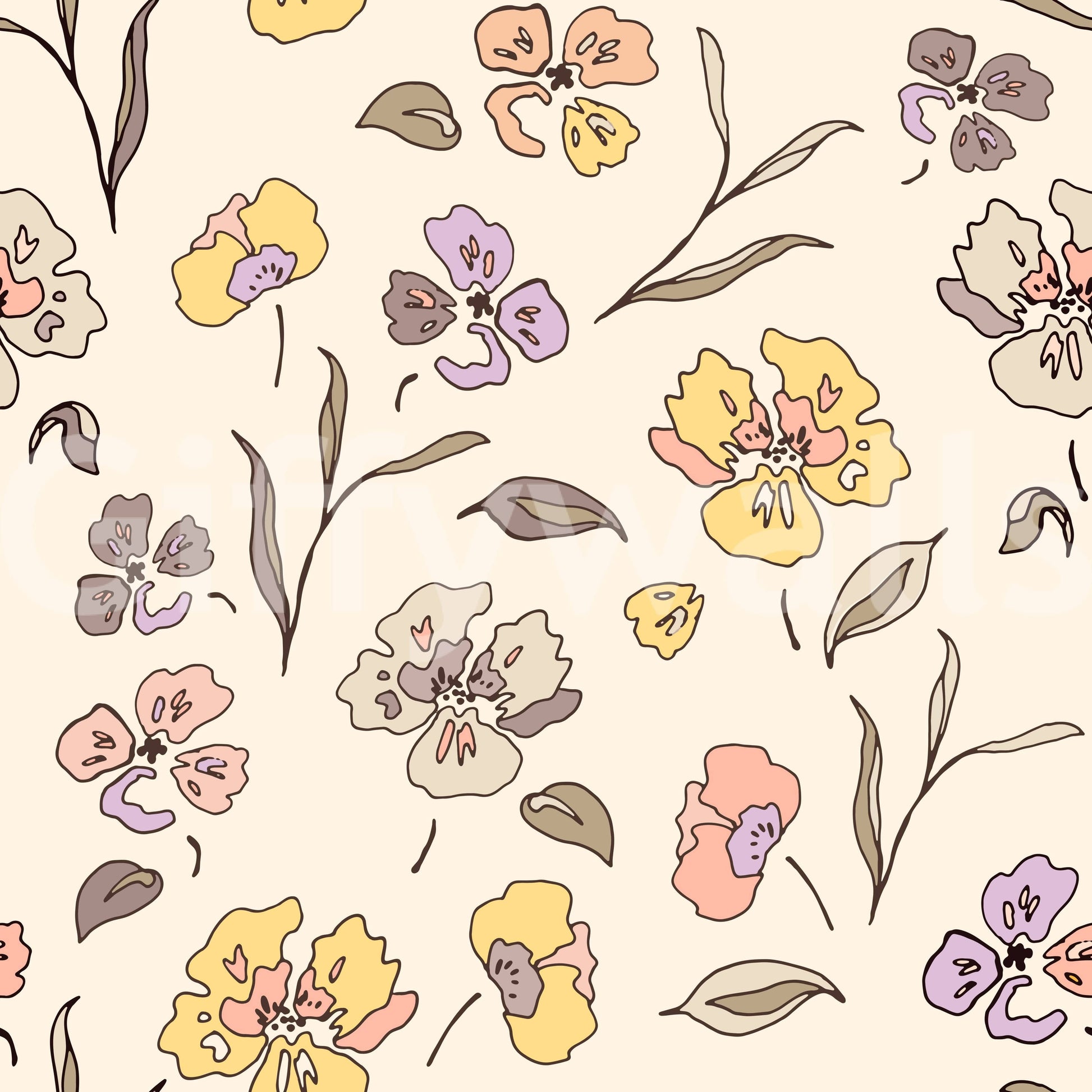 A seamless pattern of flowers and leaves on a wall


