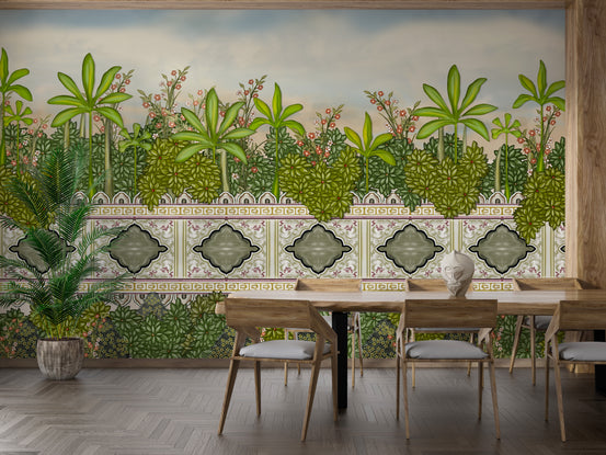 Palm Tropical Tree Royal Garden Green wallpaper mural with a green tiled-border garden behind a wooden dining table and chairs