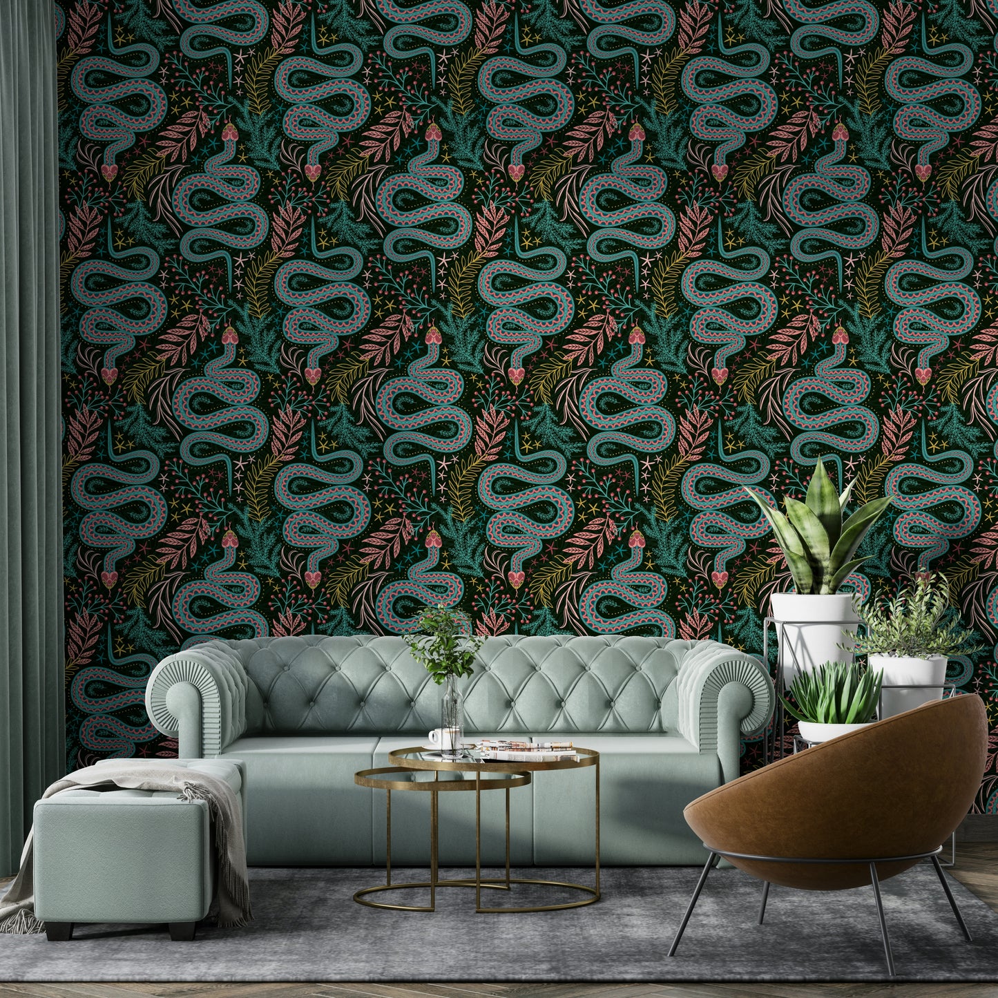 Biologically themed wallpaper featuring vibrant reptile design

