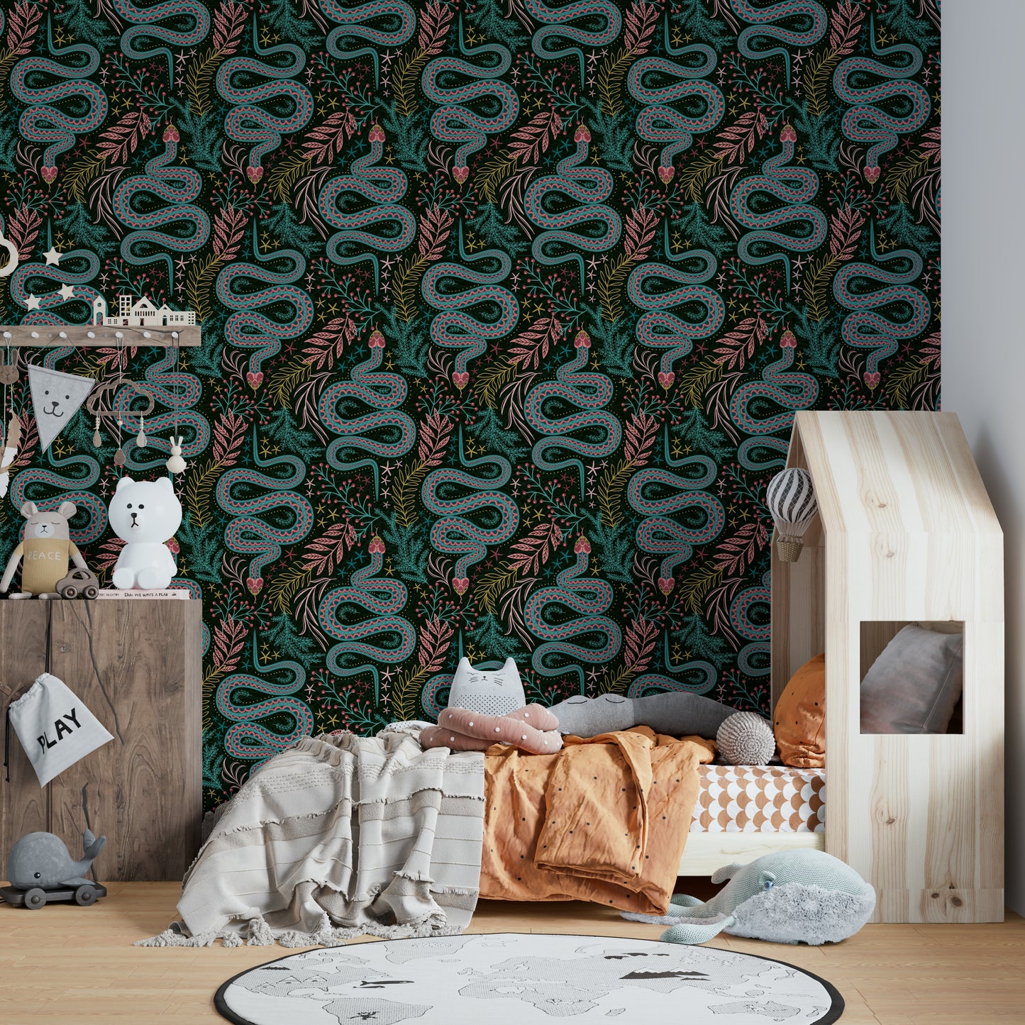 Peel and stick garter snake mural in vivid tones

