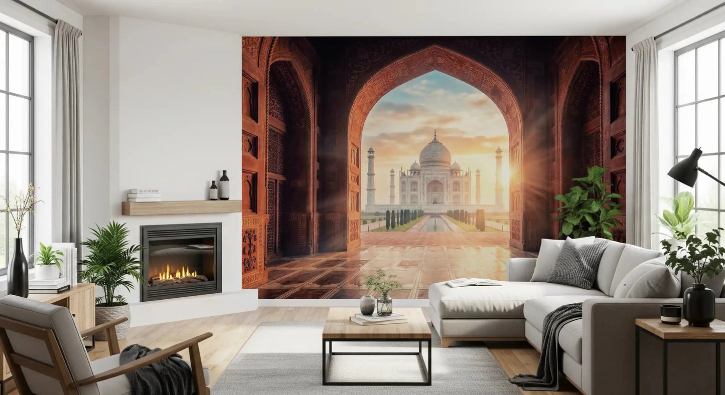 Hallway Gateway to Grandeur Taj Mahal sunset arch wall mural