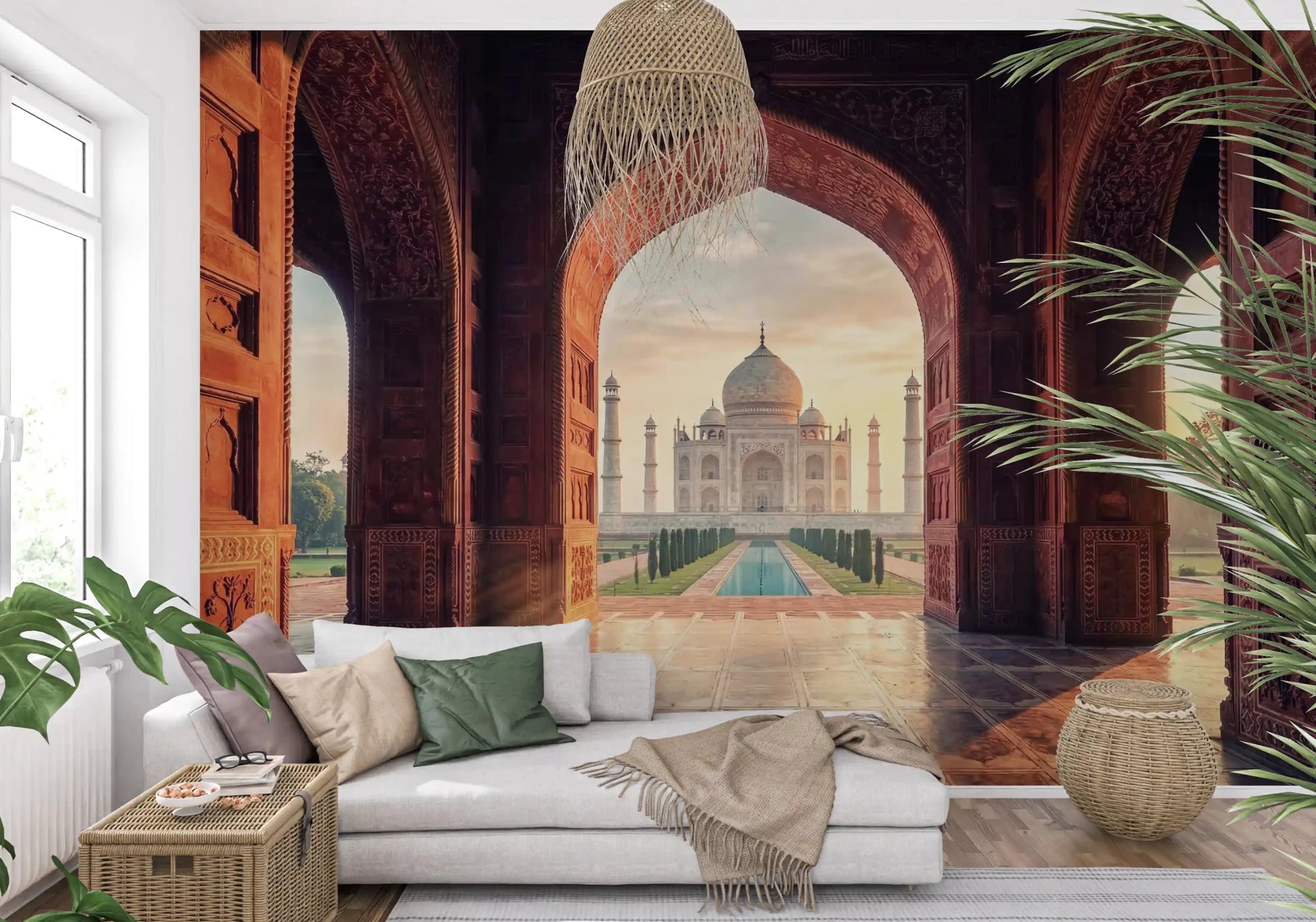 Taj Mahal scenic Grandeur wall mural with carved arch and symmetry