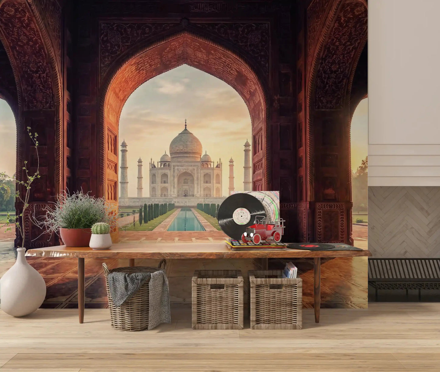 Mughal gateway wall mural with Taj Mahal and central pathway