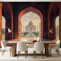 Mughal arch wall mural in dining area with Taj Mahal garden axis