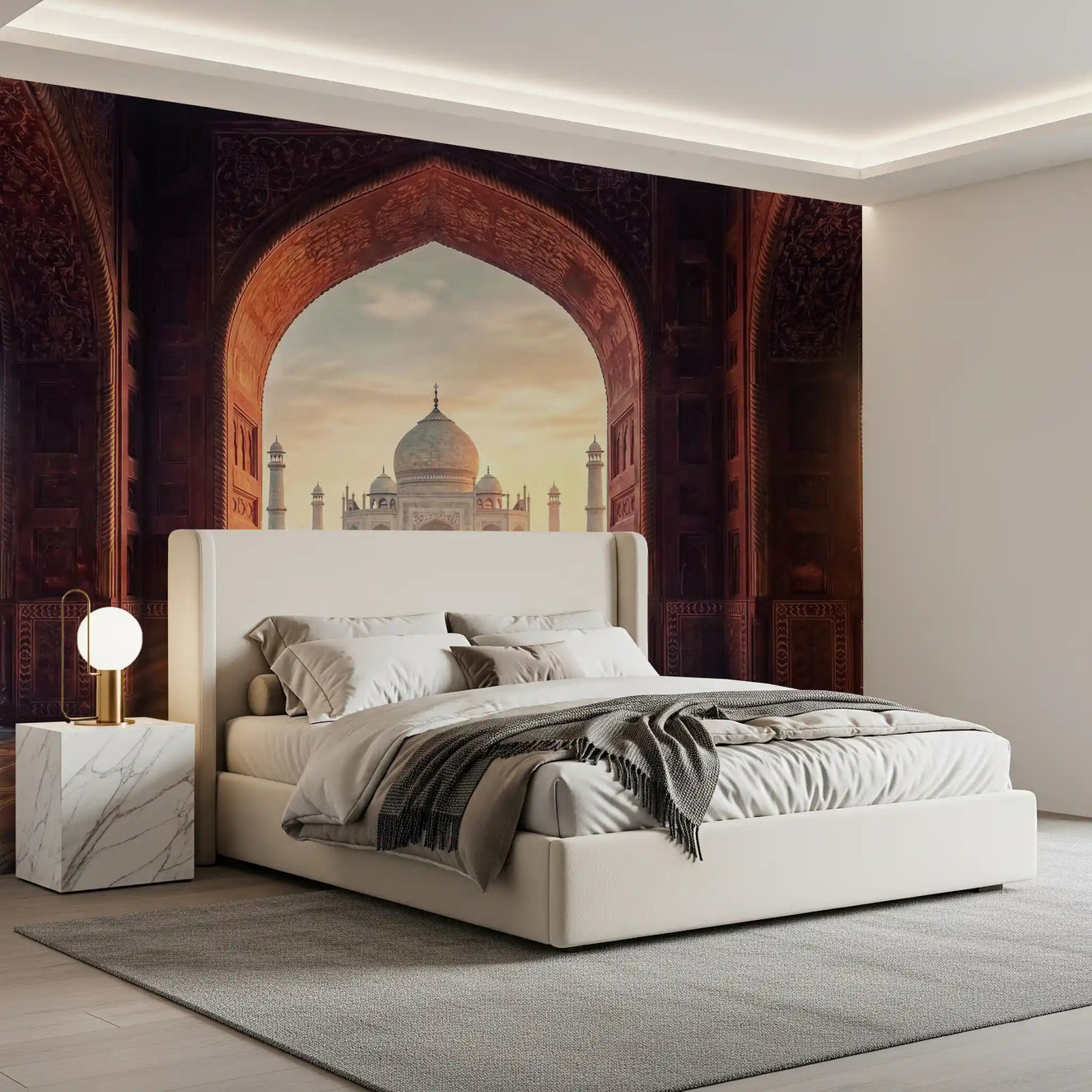 Taj Mahal heritage wall mural framed by Mughal arches in bedroom