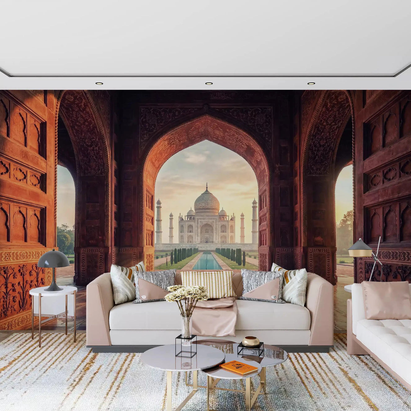Gateway to Grandeur wall mural in living room with Taj Mahal arch