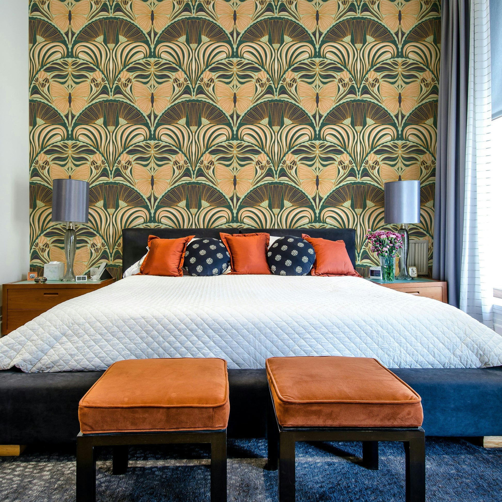 Luxurious wallpaper with Gatsby fan and butterflies

